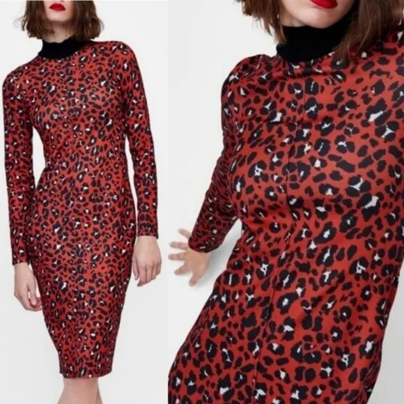 Zara Red leopard print Cotton Mock Neck Long Sleeve Casual Midi Dress bodycon L Zara Red leopard print Cotton Mock Neck Long Sleeve Casual Midi Dress bodycon L